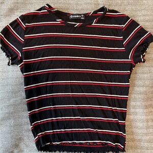 Popular Basics Black Tee with Red and White Stripes